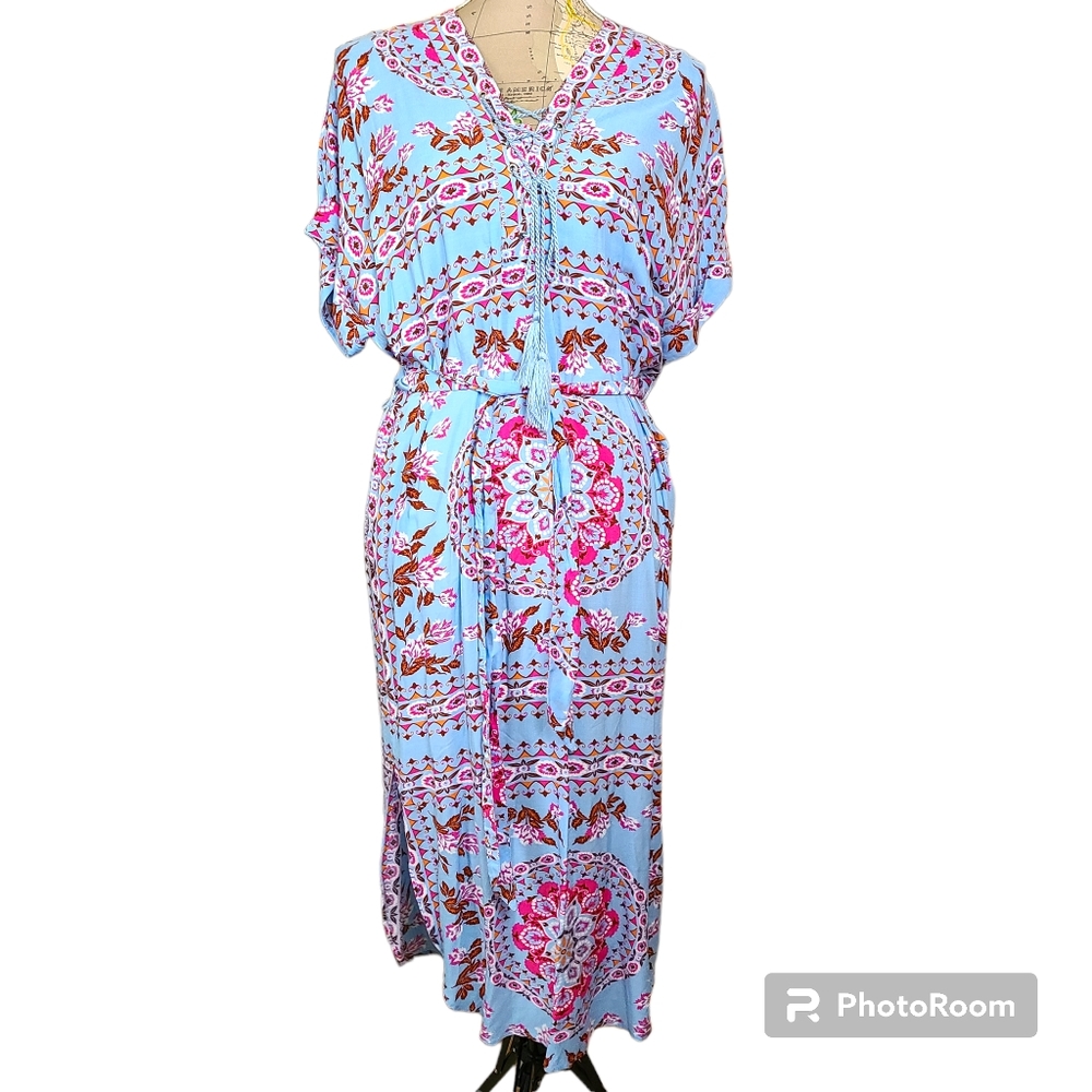 Entro Size Small Pastel Blue  Pink Floral Lace-Up V-neck Cap Sleeve Swim Coverup